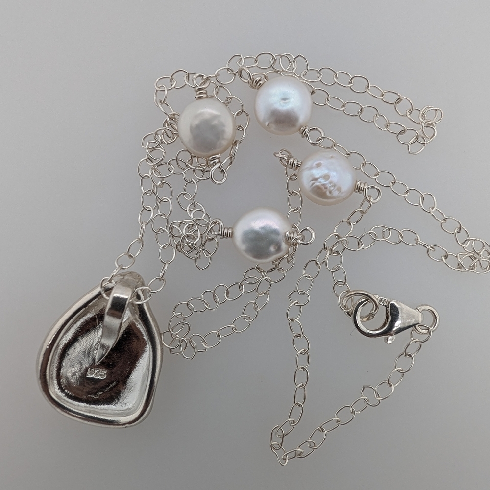 Sterling Silver Modern Style Pendant & Silver Chain w/ Flat Biwa Pearls - Picture 4 of 5